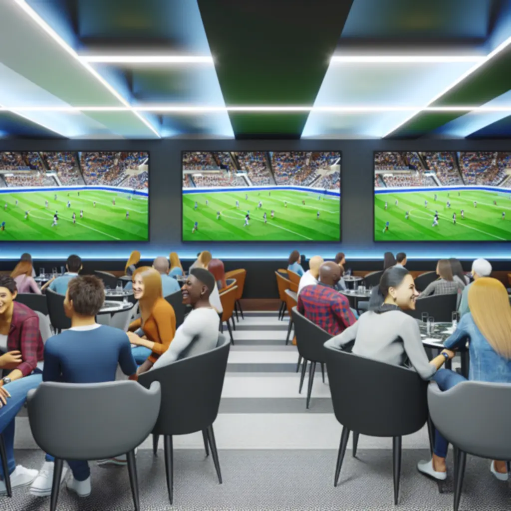 Strefa transmisji sportowych w Virex Circle z dużym ekranem i miejscami dla kibiców.