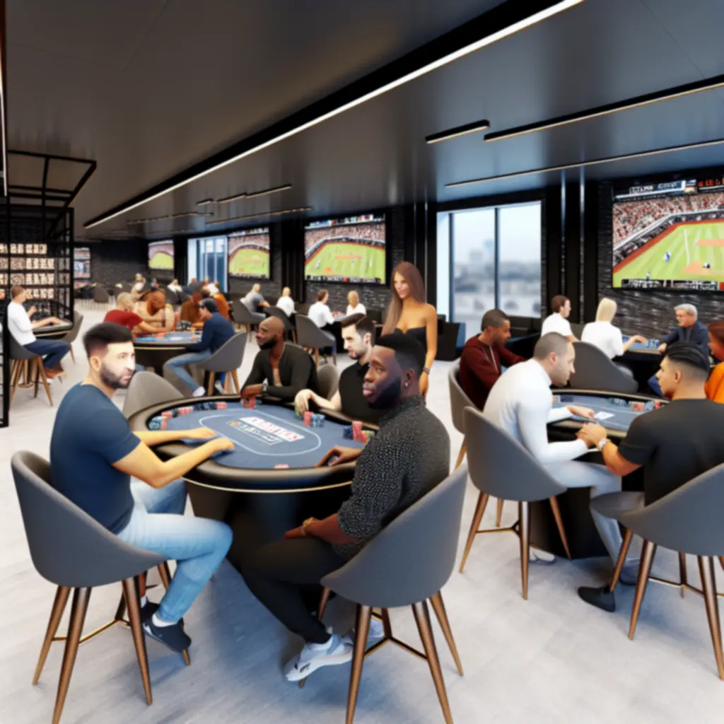 Strefa członkowska Virex Circle z graczami pokerowymi i ekranami sportowymi