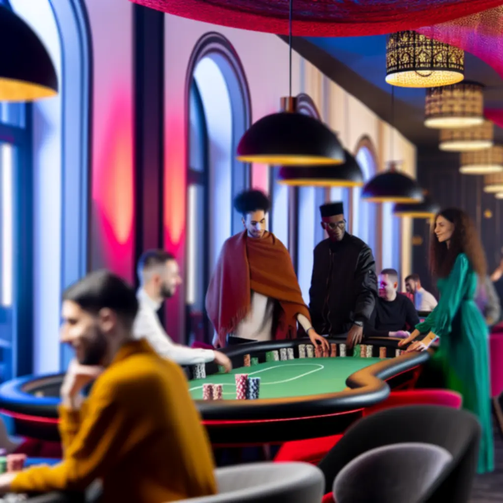 Widok głównej sali Virex Circle z nowoczesnymi stołami pokerowymi i miejscami dla kibiców.